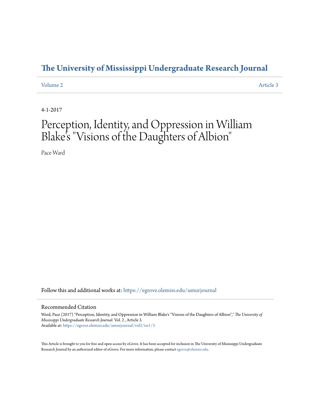 Perception, Identity, and Oppression in William Blake's "Visions of the Daughters of Albion" Pace Ward