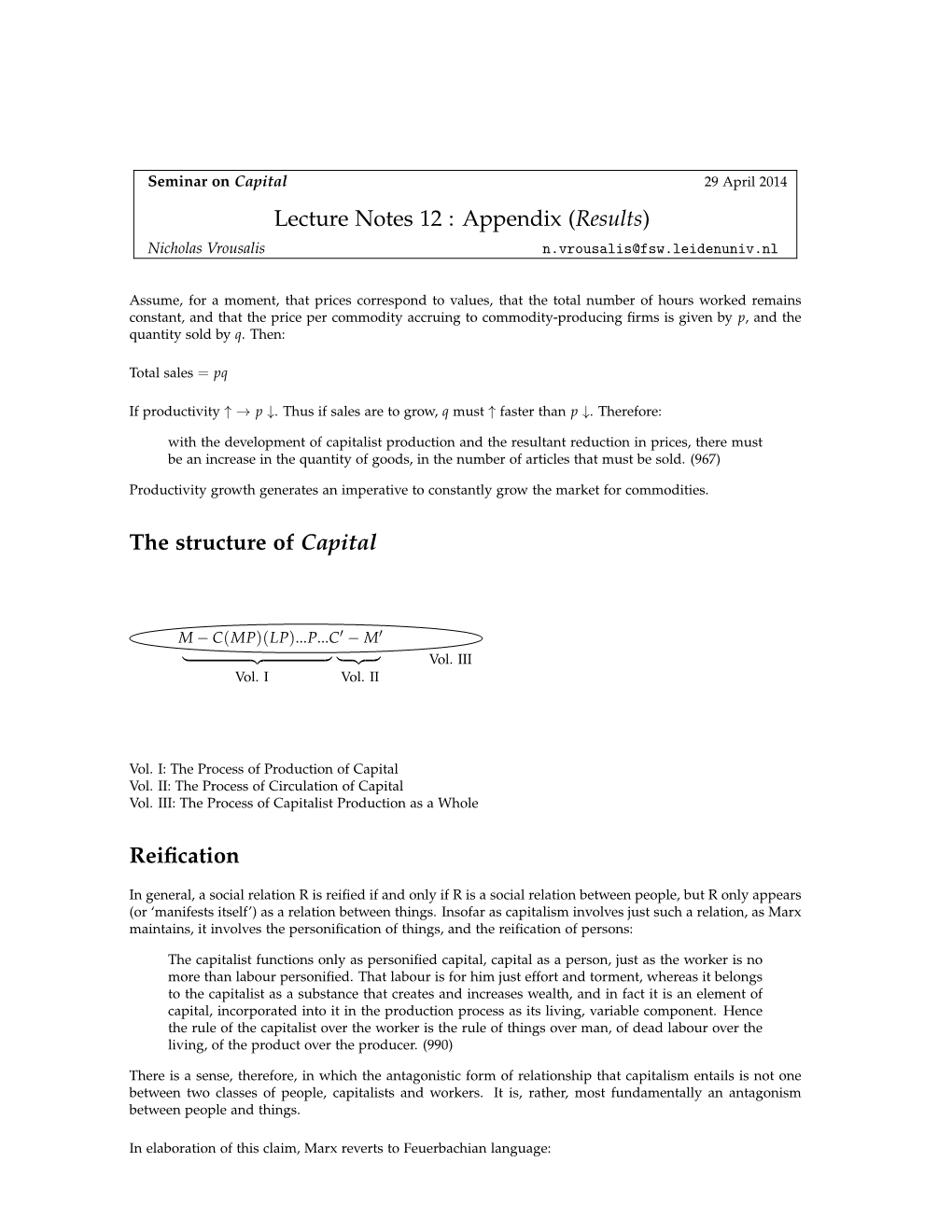 Lecture Notes 12 : Appendix (Results) the Structure of Capital Reification