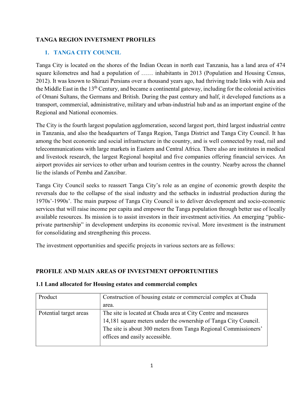 Tanga Region Invetsment Profiles