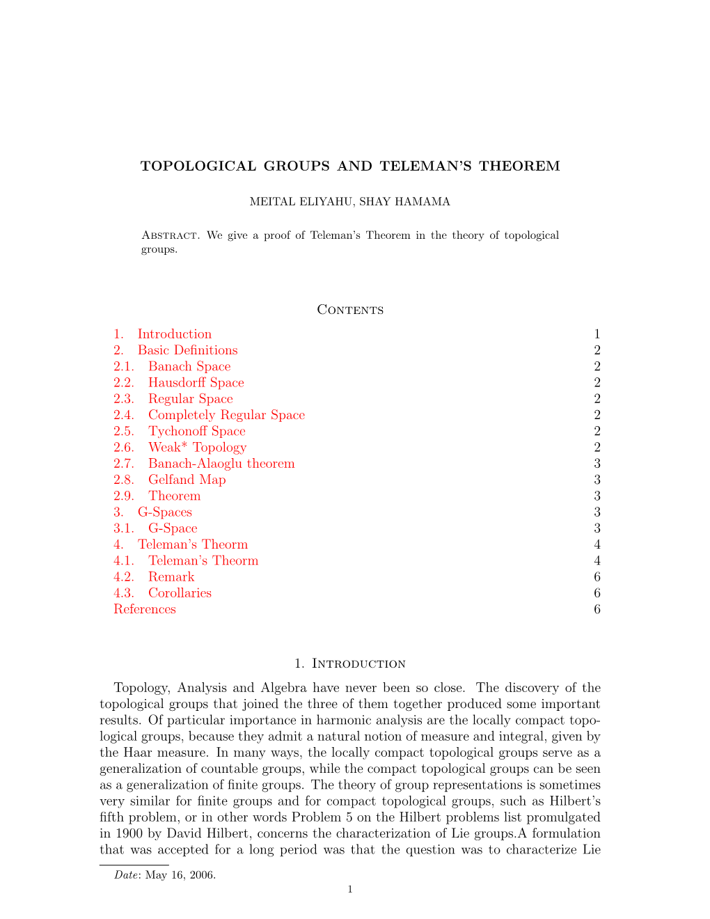 Topological Groups and Teleman's Theorem