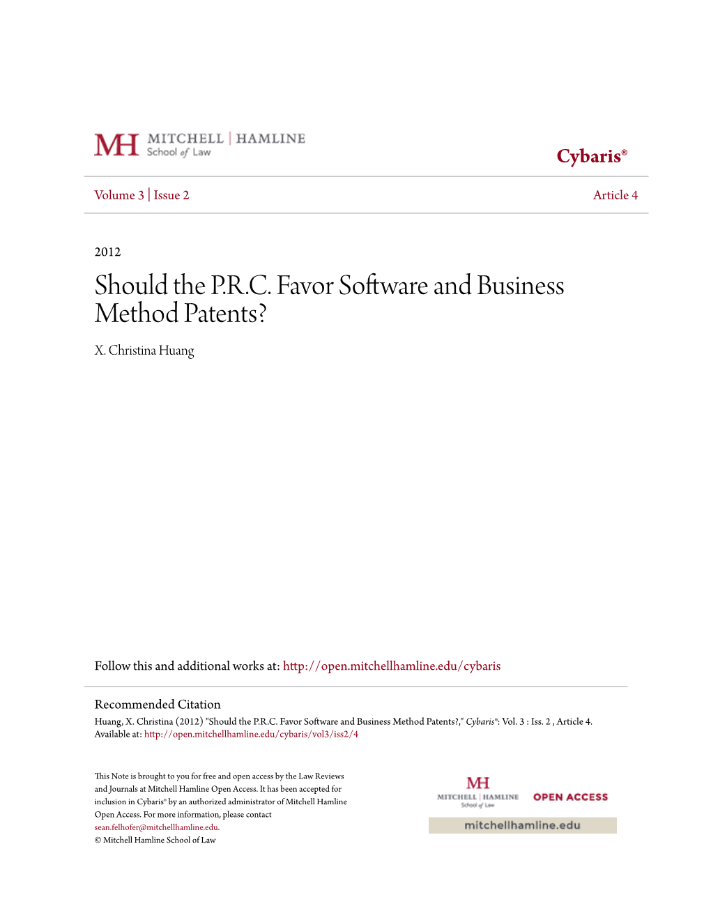 Should the P.R.C. Favor Software and Business Method Patents? X