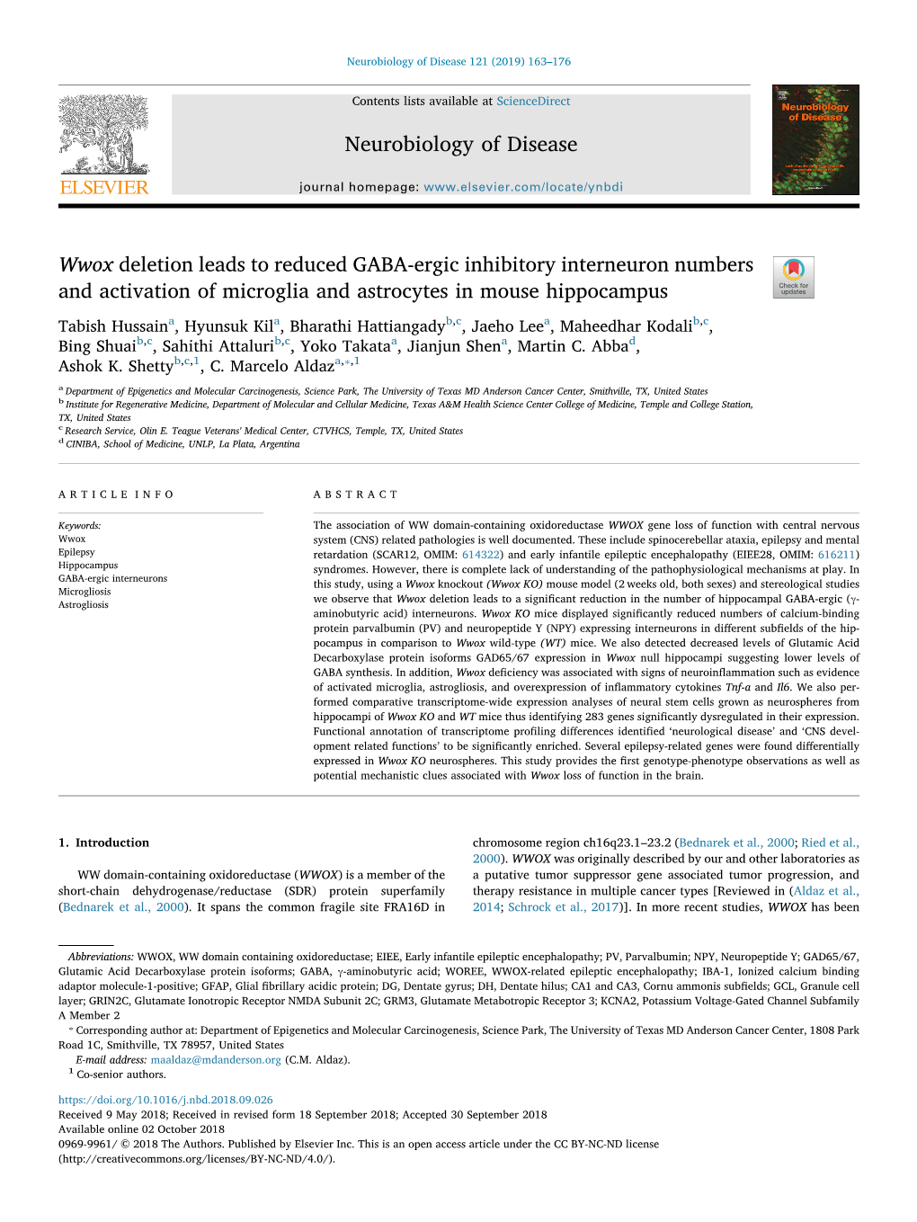 Wwox Deletion Leads to Reduced GABA-Ergic Inhibitory Interneuron Numbers and Activation of Microglia and Astrocytes in Mouse Hippocampus T