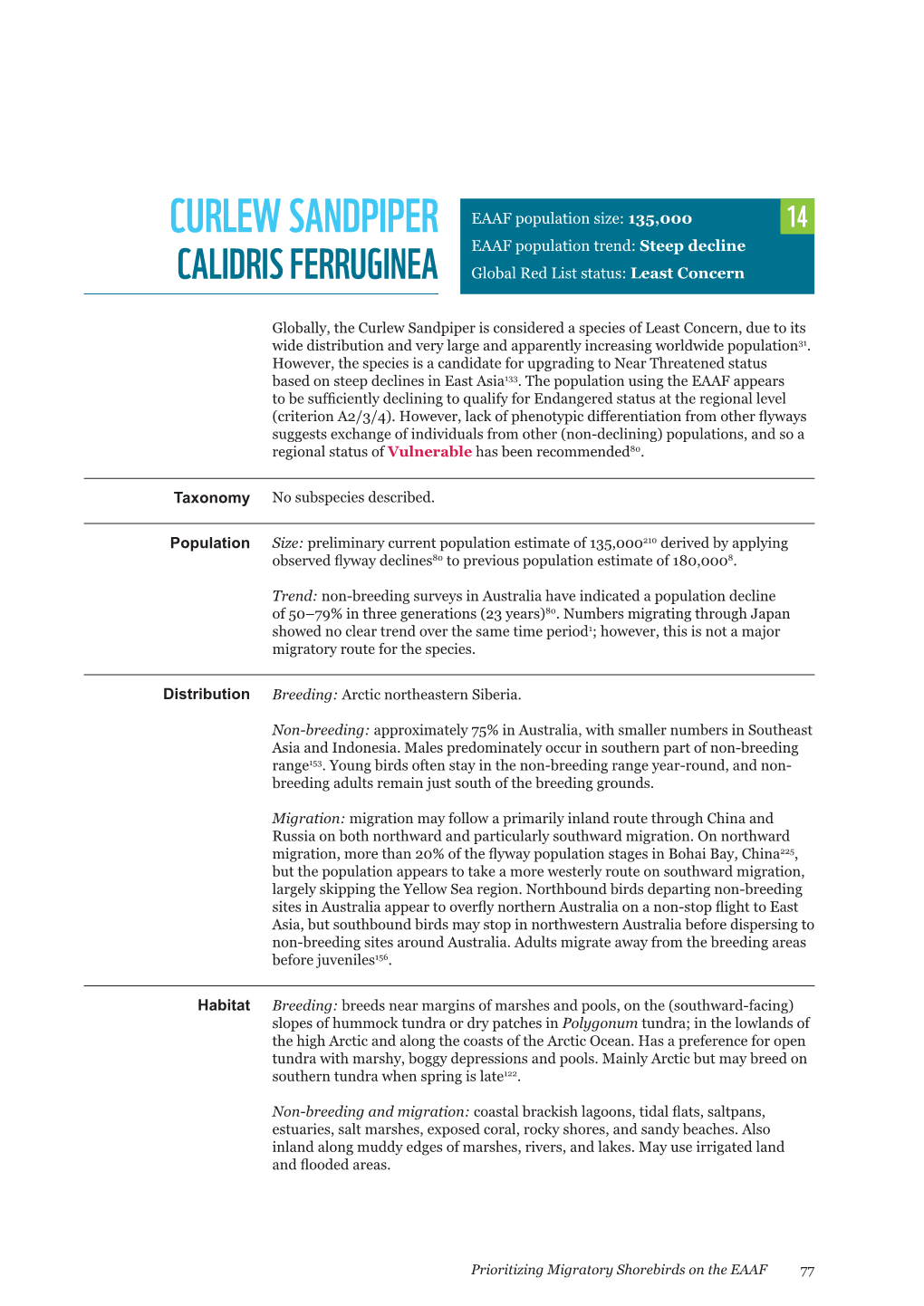 Curlew Sandpiper EAAF Population Size: 135,000 14 EAAF Population Trend: Steep Decline Calidris Ferruginea Global Red List Status: Least Concern