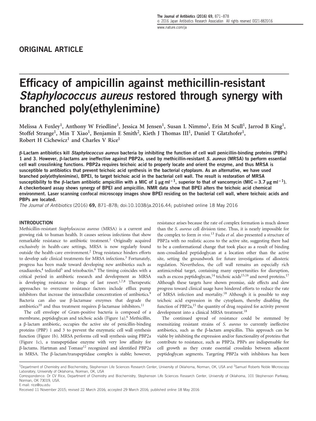 Efficacy of Ampicillin Against Methicillin-Resistant Staphylococcus Aureus Restored Through Synergy with Branched Poly(Ethylenim