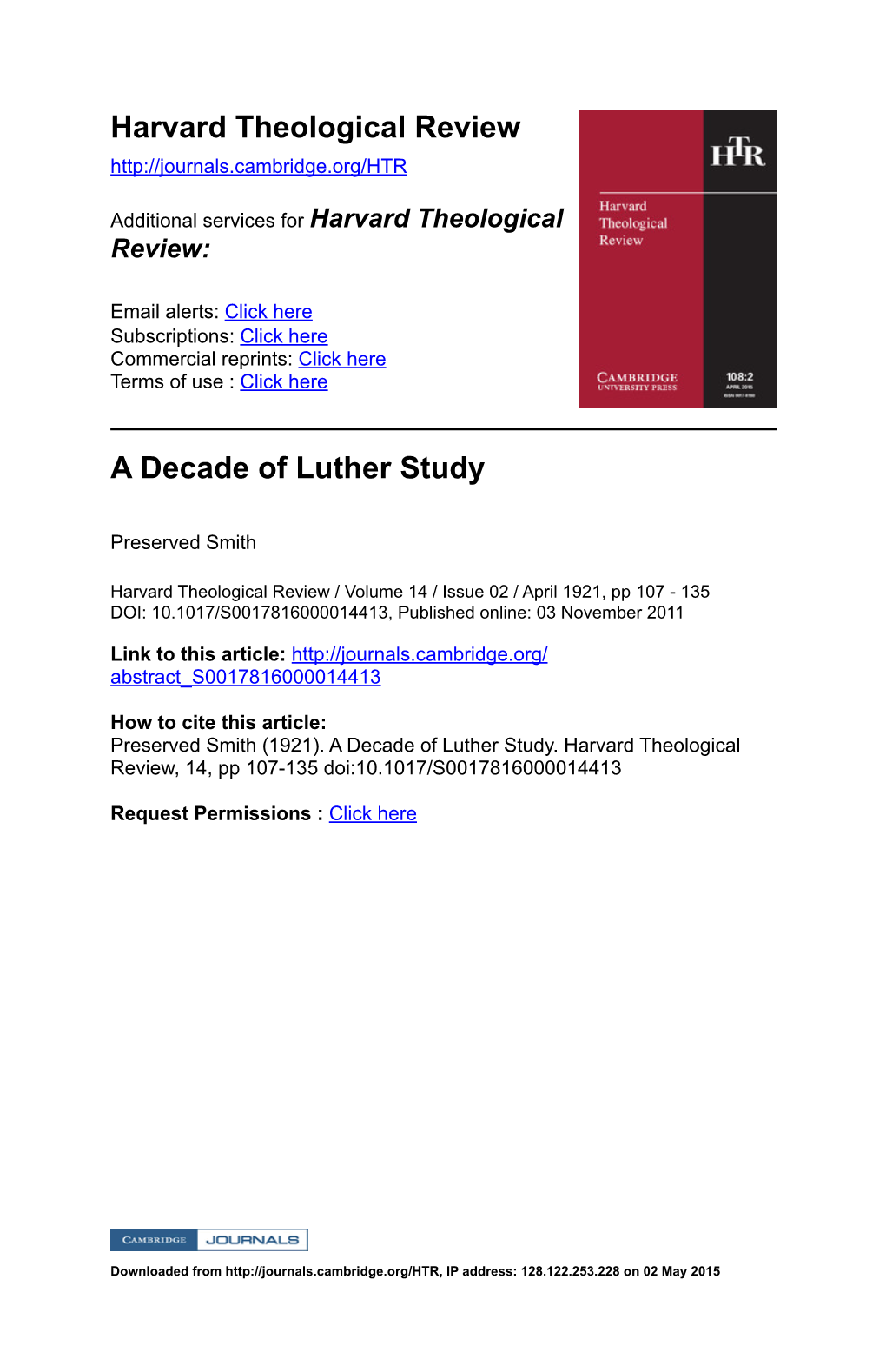 Harvard Theological Review a Decade of Luther Study