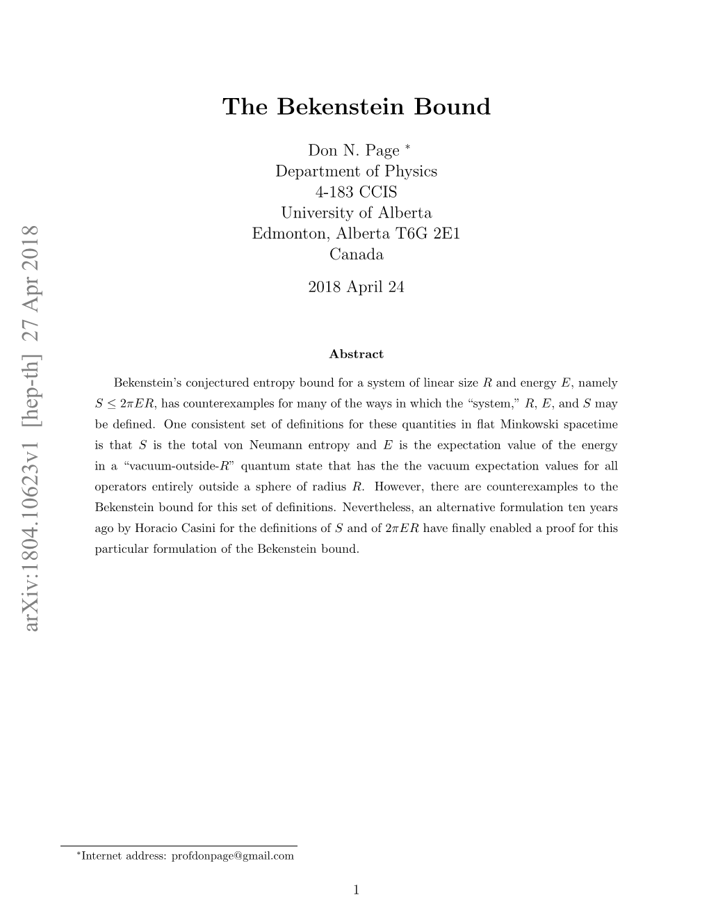 Arxiv:1804.10623V1 [Hep-Th] 27 Apr 2018 the Bekenstein Bound