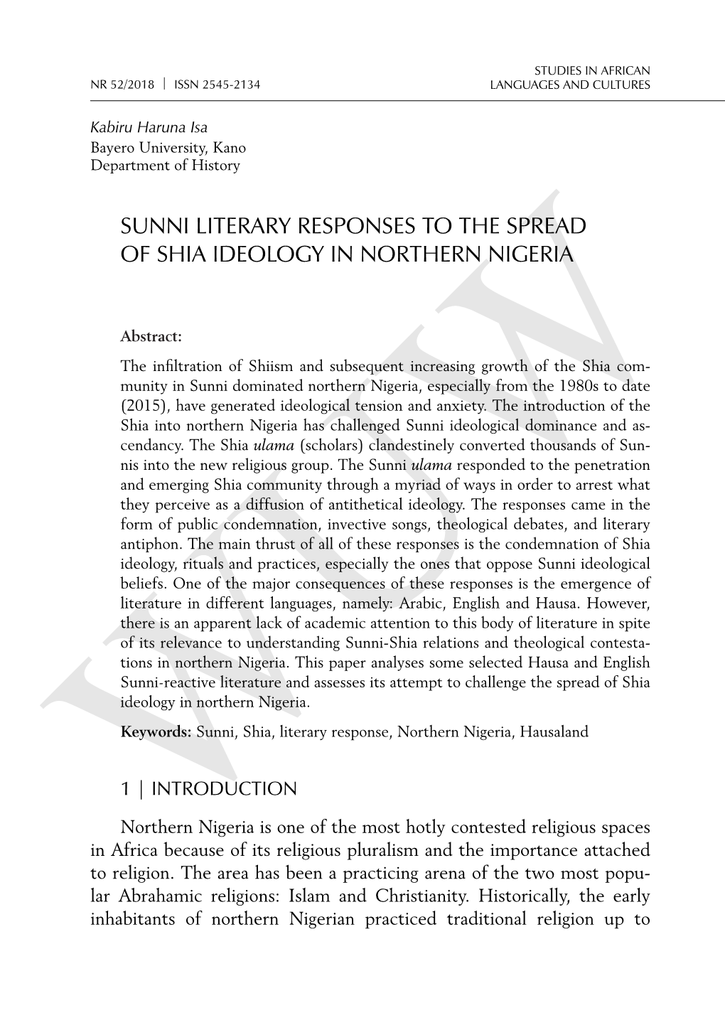 Sunni Literary Responses to the Spread of Shia Ideology in Northern Nigeria