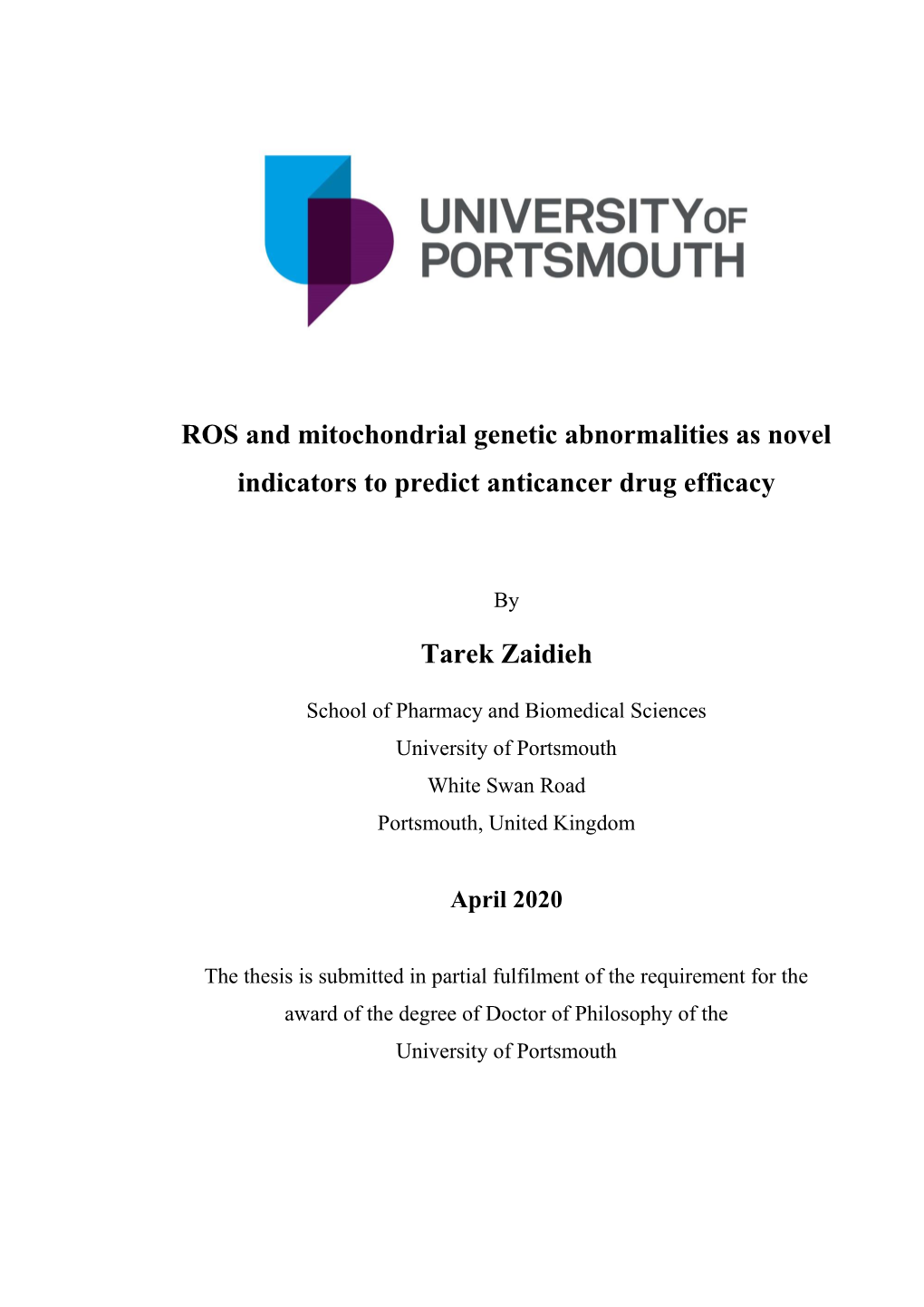 ROS and Mitochondrial Genetic Abnormalities As Novel Indicators to Predict Anticancer Drug Efficacy