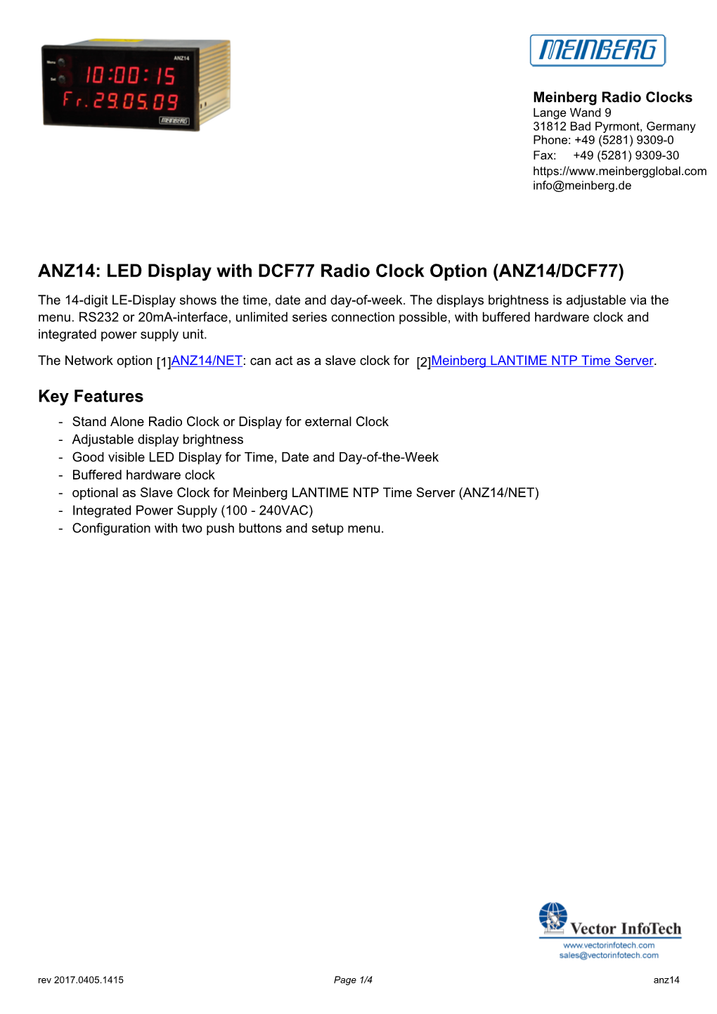 ANZ14: LED Display with DCF77 Radio Clock Option (ANZ14/DCF77)