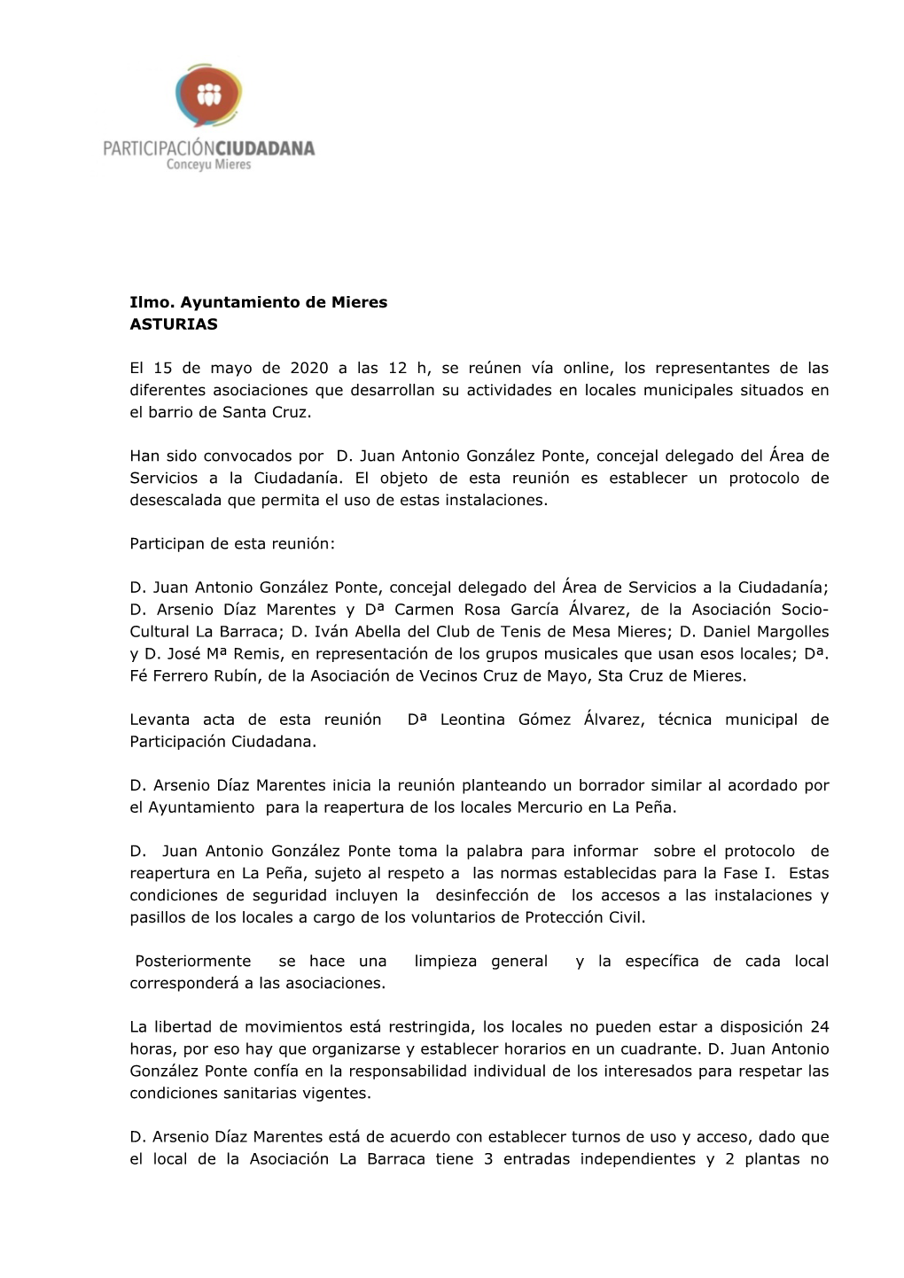 Ilmo. Ayuntamiento De Mieres ASTURIAS El 15 De Mayo De 2020