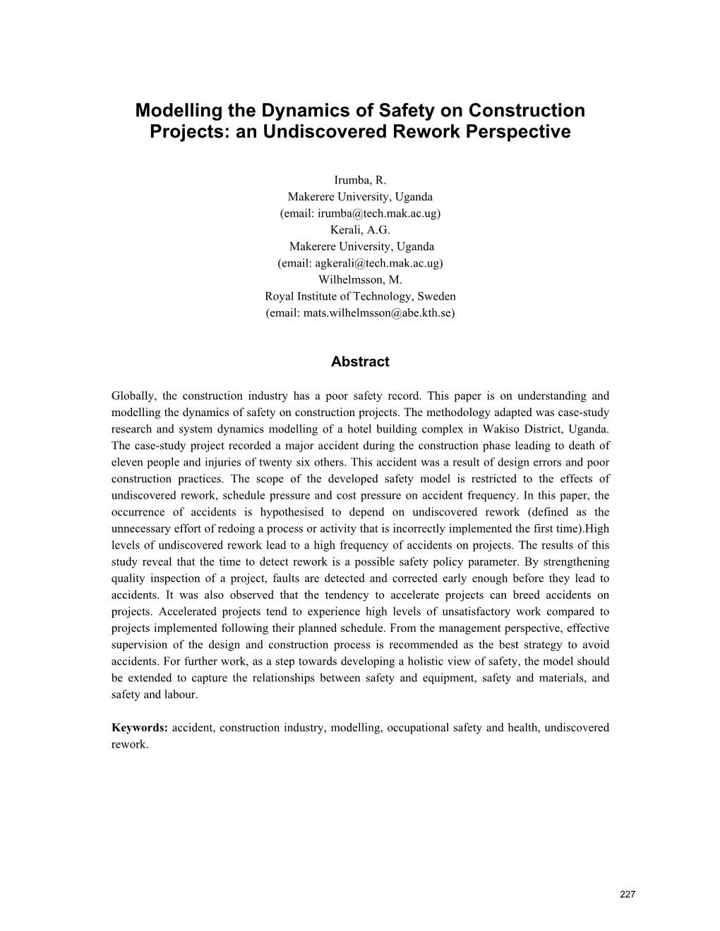 Modelling the Dynamics of Safety on Construction Projects: an Undiscovered Rework Perspective