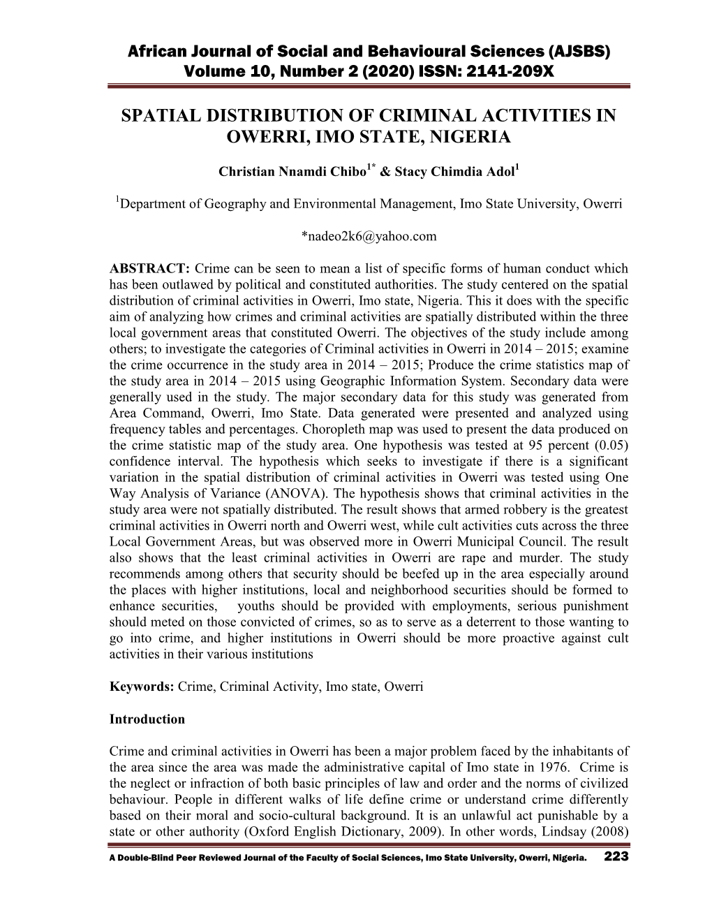 African Journal of Social and Behavioural Sciences (AJSBS) Volume 10, Number 2 (2020) ISSN: 2141-209X