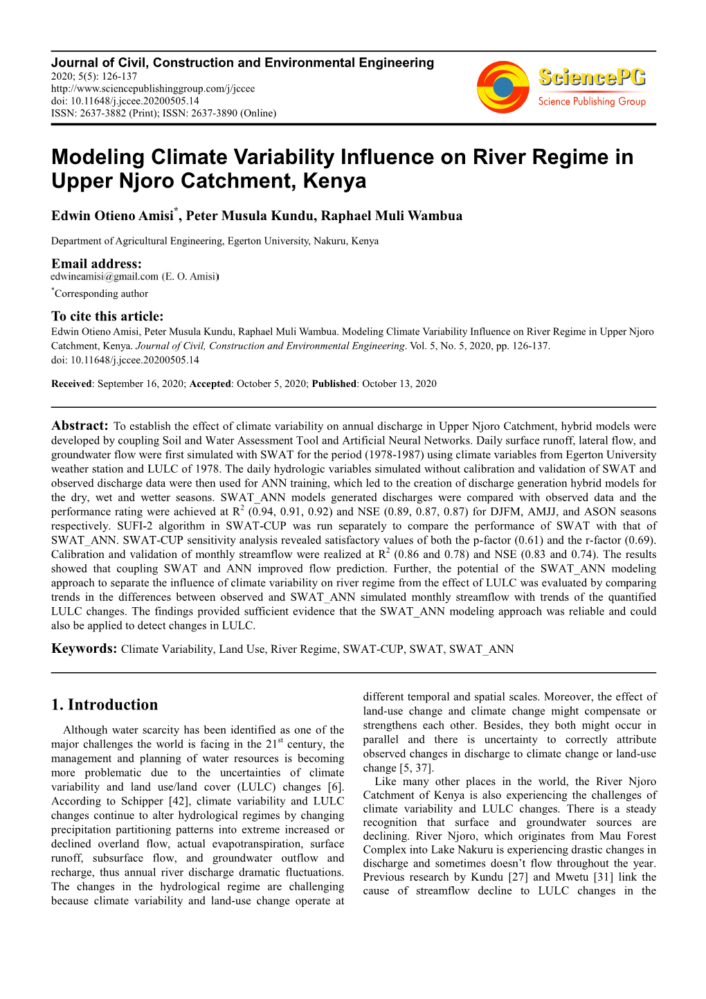 Modeling Climate Variability Influence on River Regime in Upper Njoro Catchment, Kenya