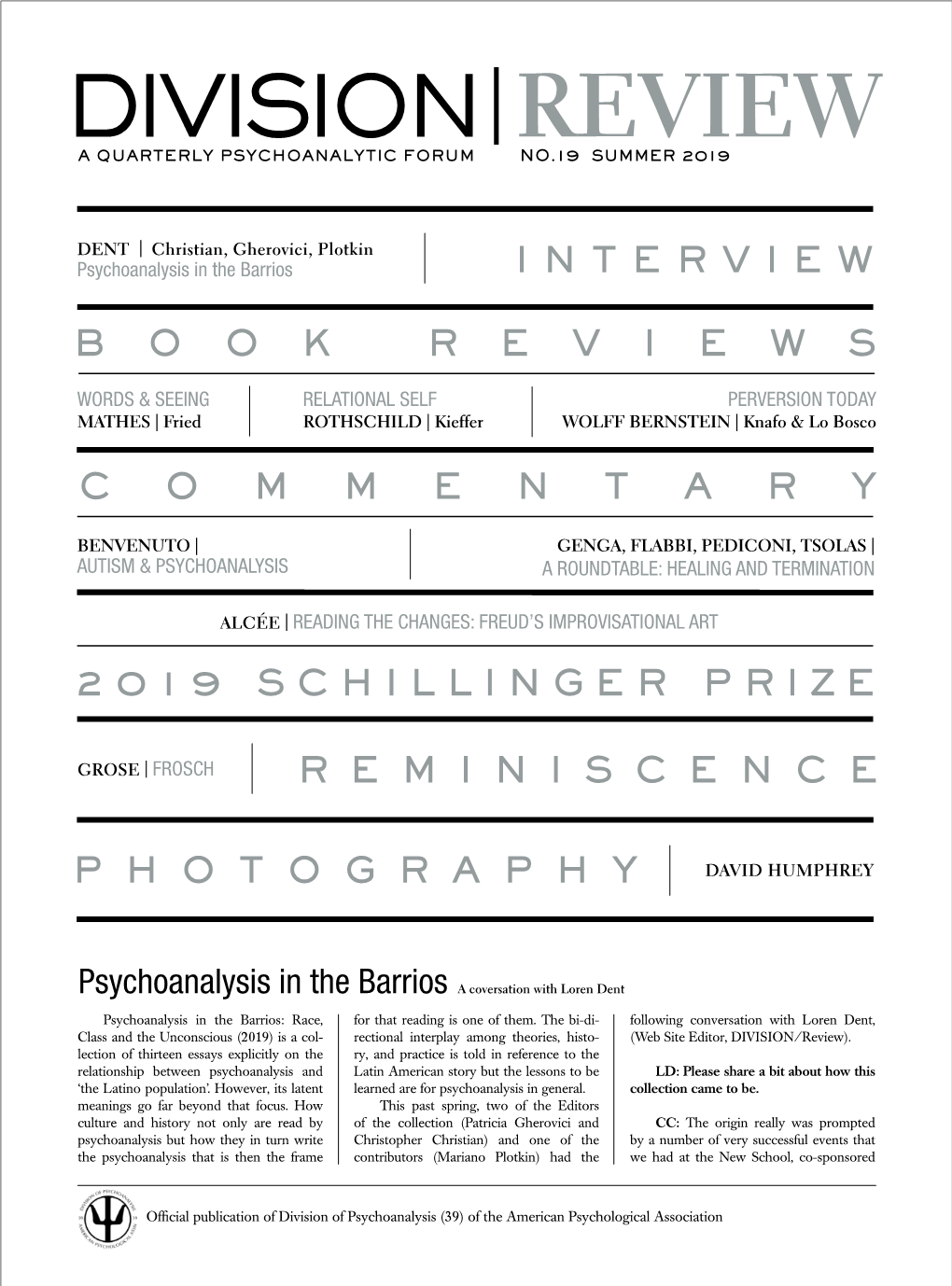 Division Review Divisiona Quarterly Psychoanalytic Forum No.4 Summer 2012 a Quarterly Psychoanalytic Forum No.19 Summer 2019