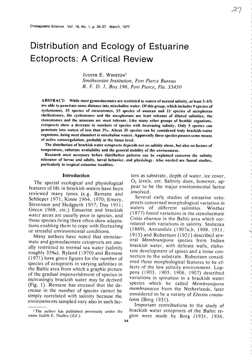 Distribution and Ecology of Estuarine Ectoprocts: a Critical Review