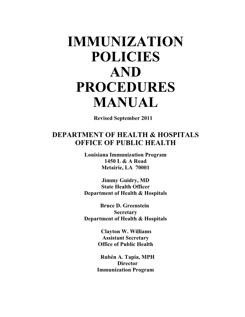 Immunization Policies and Procedures Manual