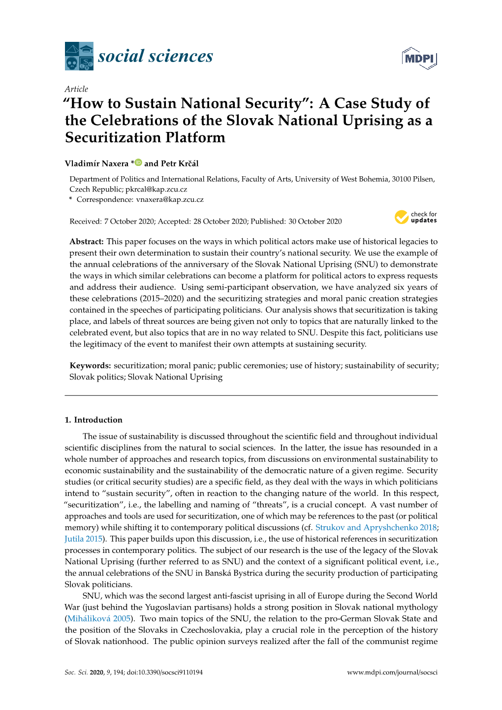 “How to Sustain National Security”: a Case Study of the Celebrations of the Slovak National Uprising As a Securitization Platform