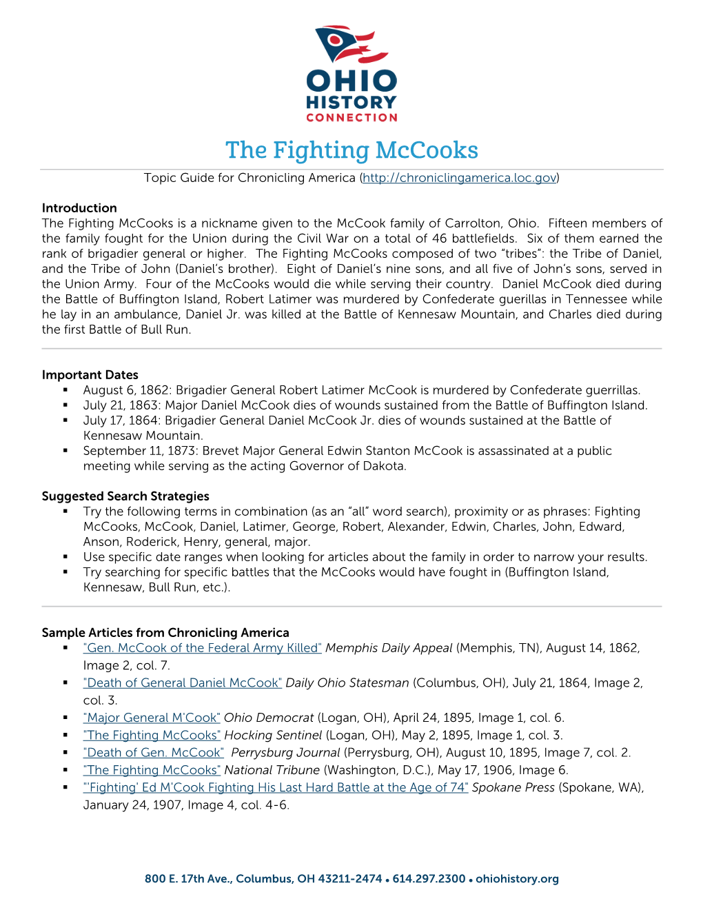 The Fighting Mccooks Topic Guide for Chronicling America (