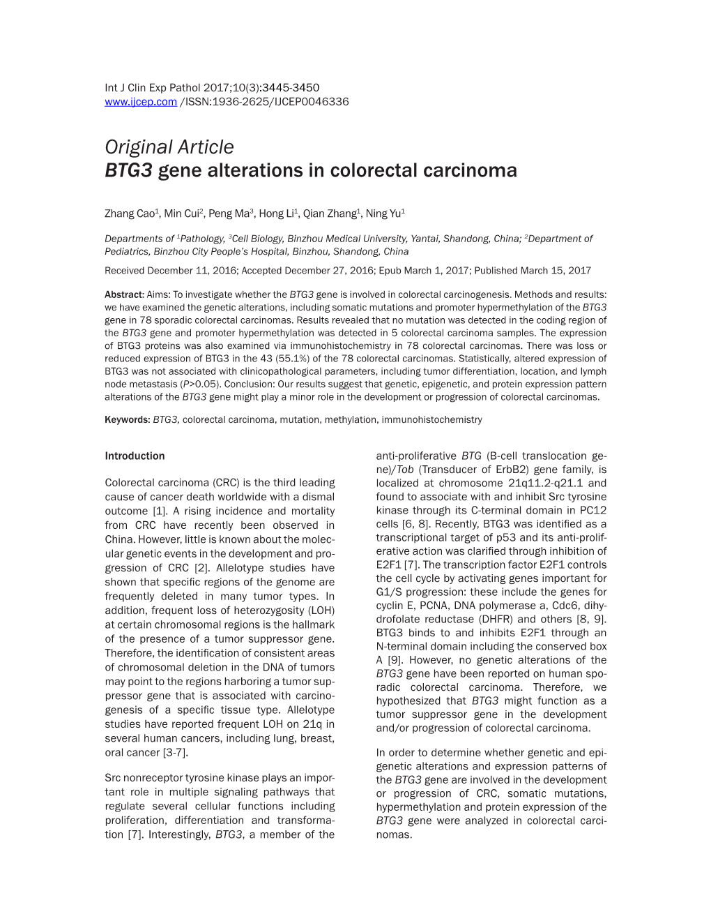 Original Article BTG3 Gene Alterations in Colorectal Carcinoma