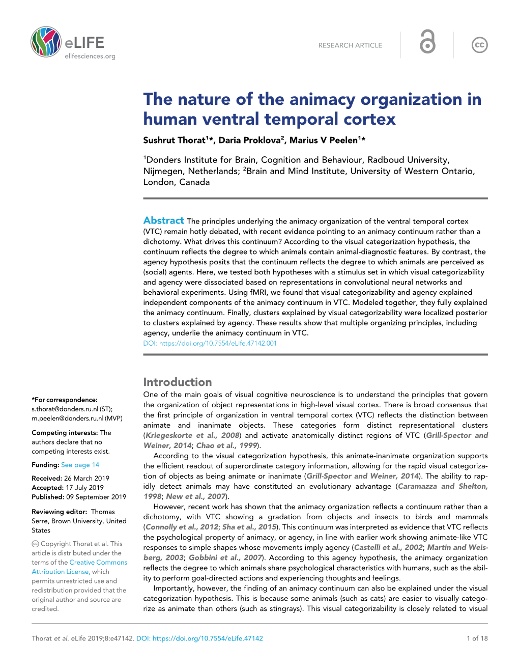 The Nature of the Animacy Organization in Human Ventral Temporal Cortex Sushrut Thorat1*, Daria Proklova2, Marius V Peelen1*