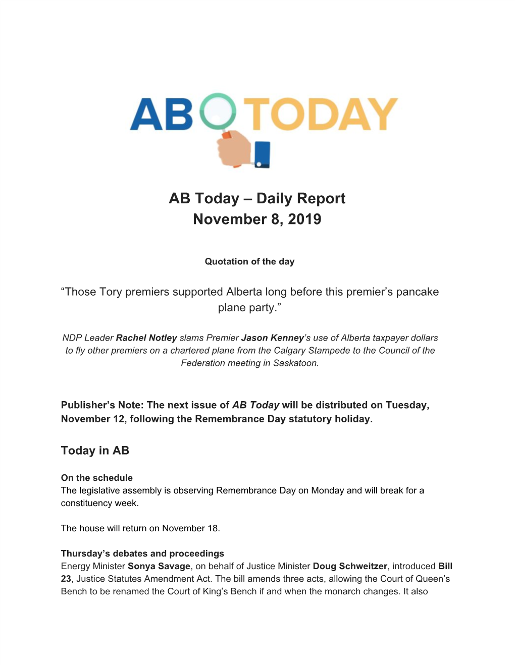 AB Today – Daily Report November 8, 2019