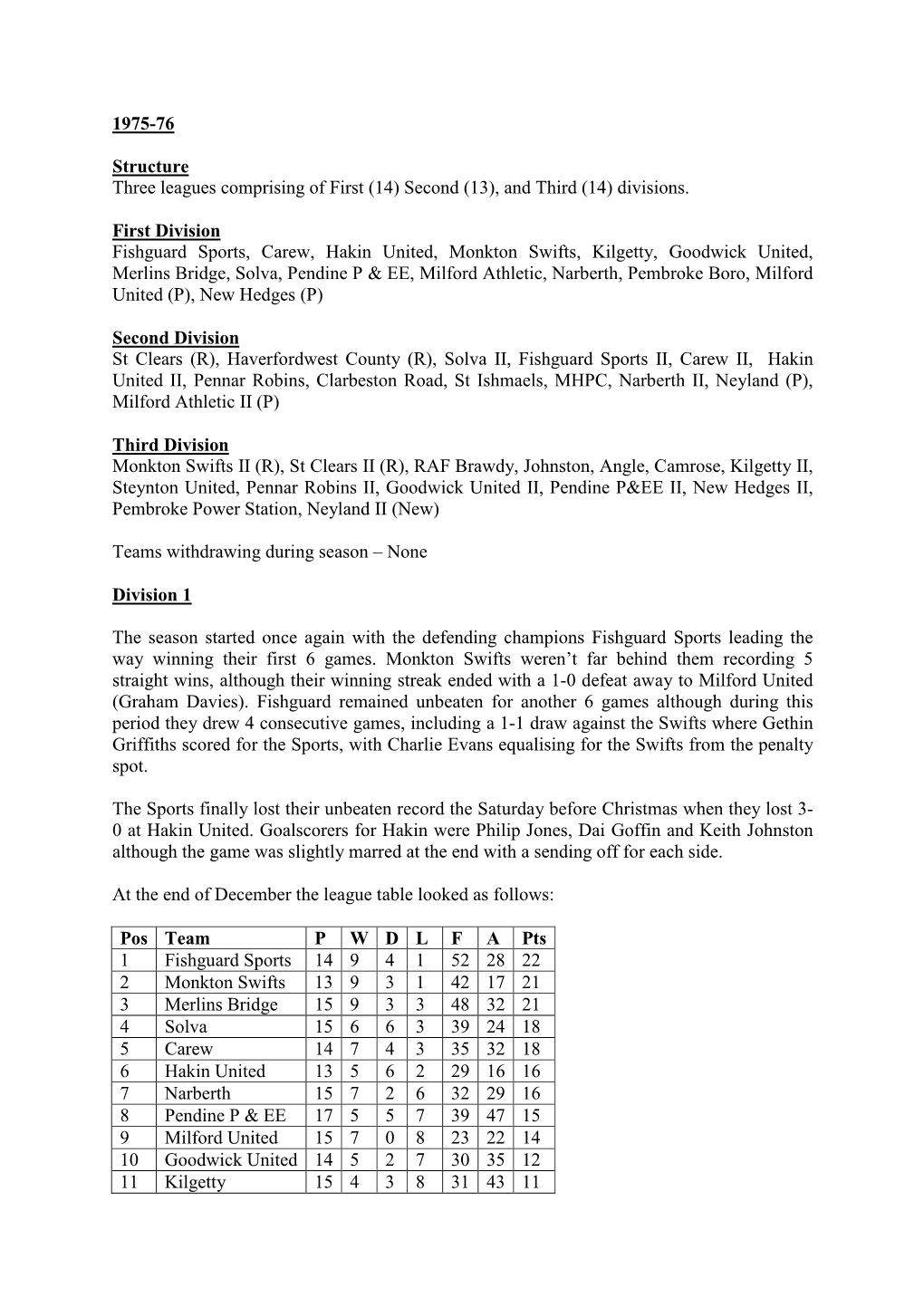 (13), and Third (14) Divisions. First Division Fishguard Sports