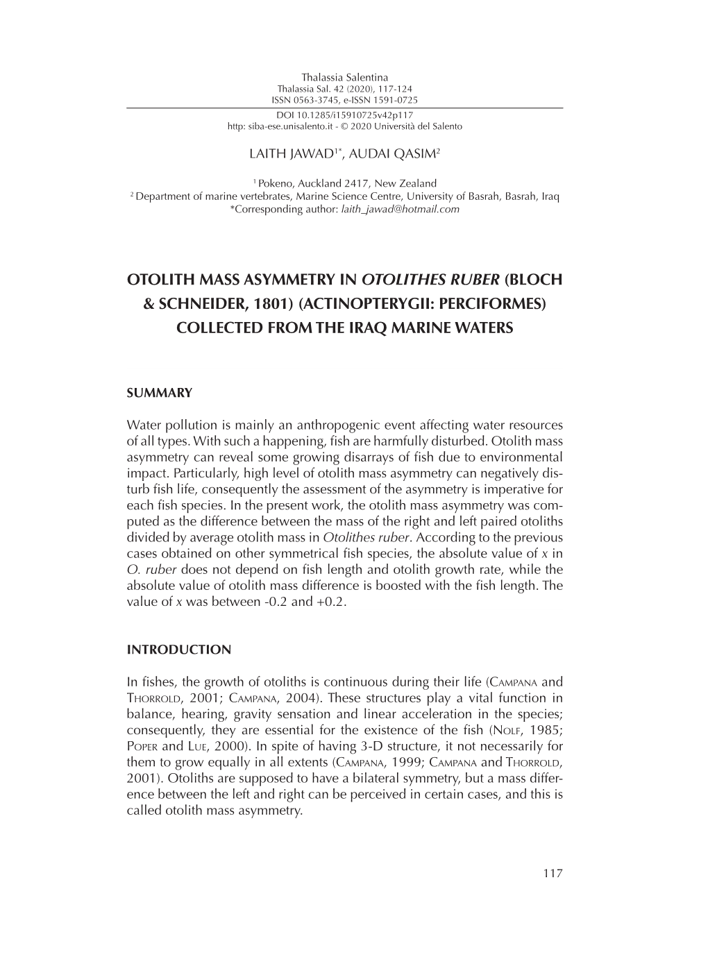 Otolith Mass Asymmetry in Otolithes Ruber (Bloch & Schneider, 1801) (Actinopterygii: Perciformes) Collected from the Iraq Marine Waters