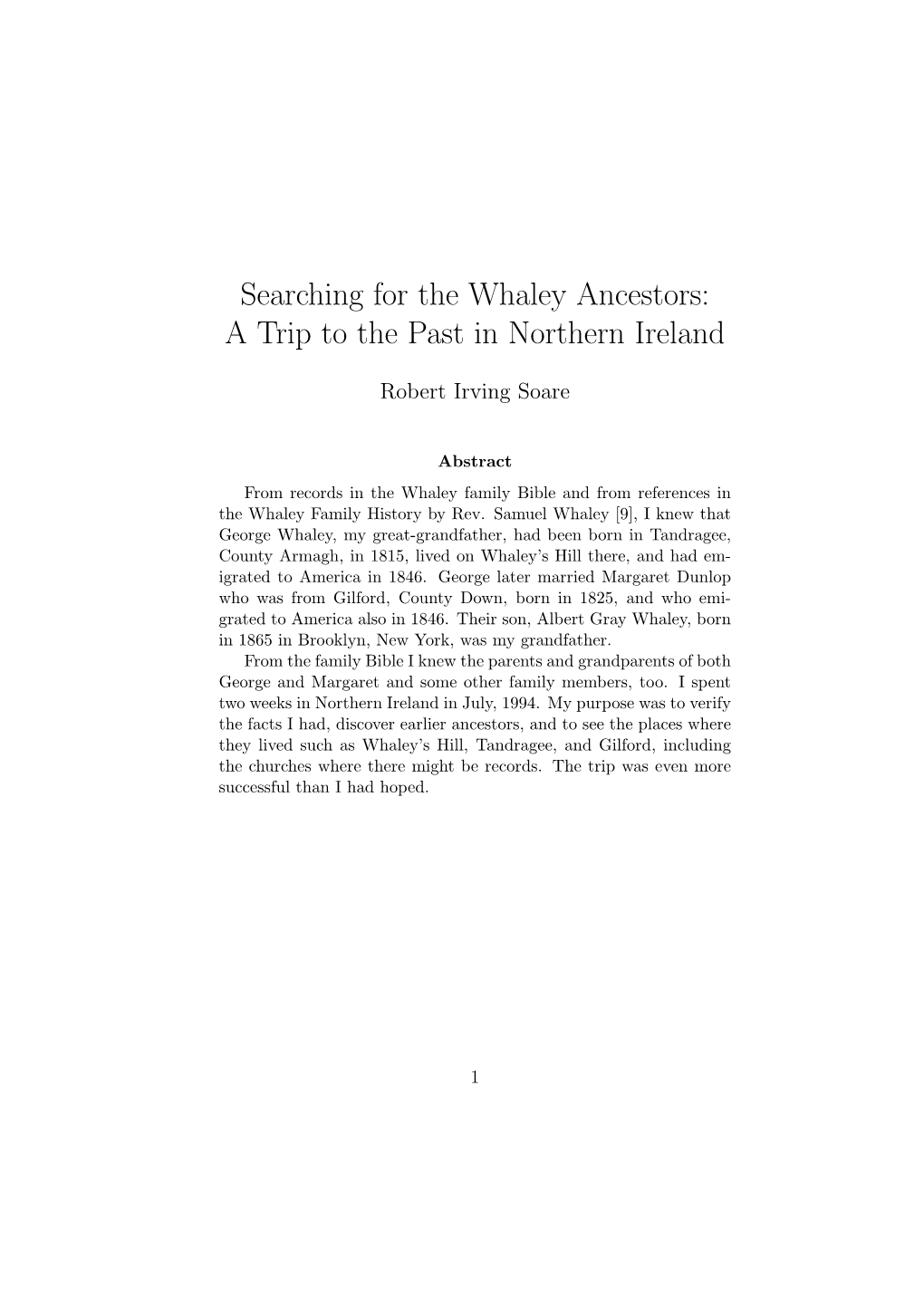 Searching for the Whaley Ancestors: a Trip to the Past in Northern Ireland