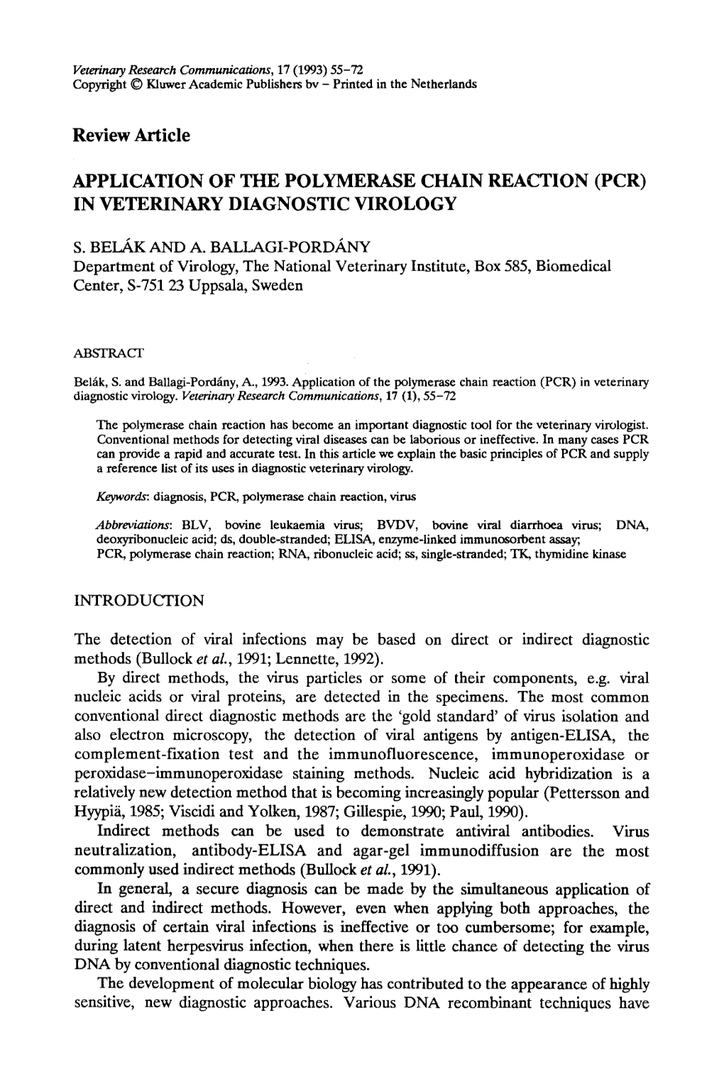 Application of the Polymerase Chain Reaction (Pcr) in Veterinary Diagnostic Virology