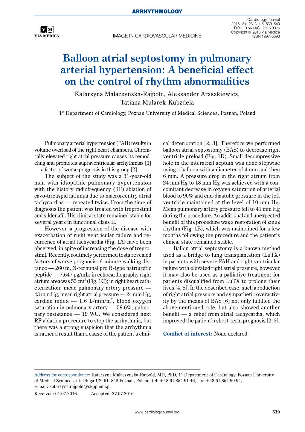 Balloon Atrial Septostomy in Pulmonary Arterial Hypertension: a Beneficial Effect on the Control of Rhythm Abnormalities