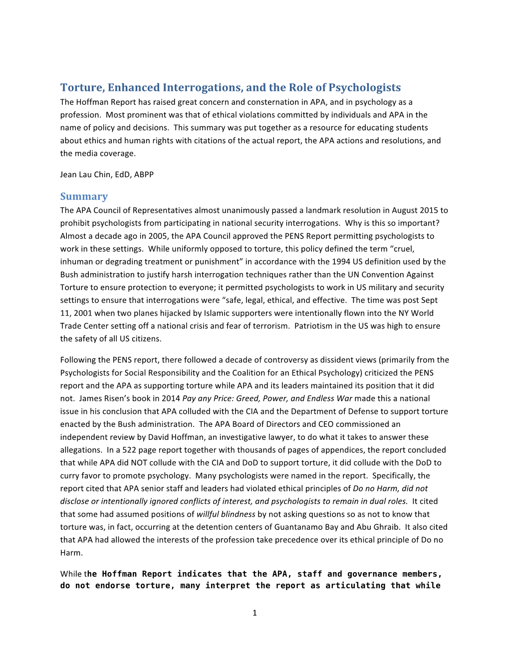 Torture, Enhanced Interrogations, and the Role of Psychologists