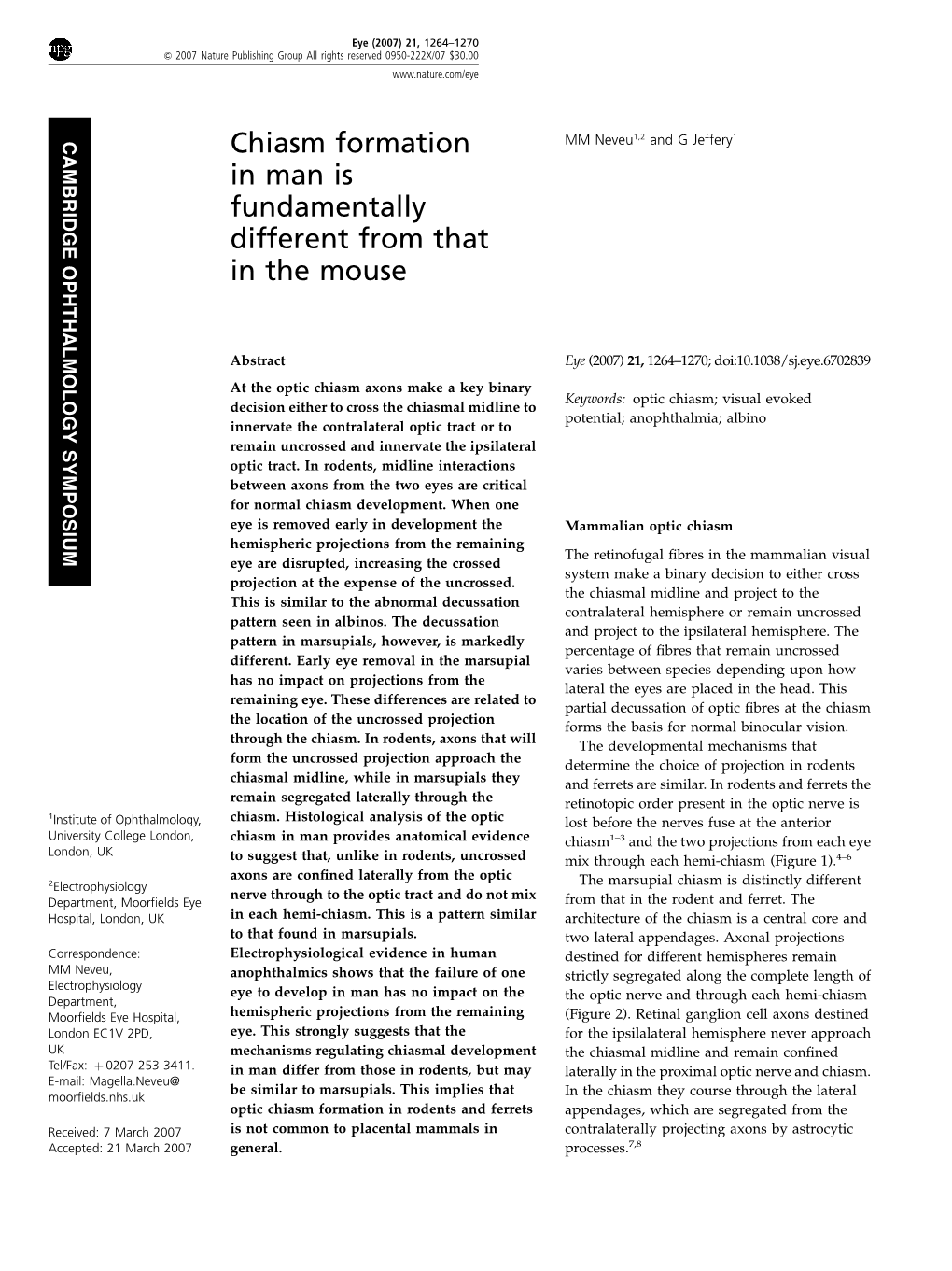 Chiasm Formation in Man Is Fundamentally Different from That In