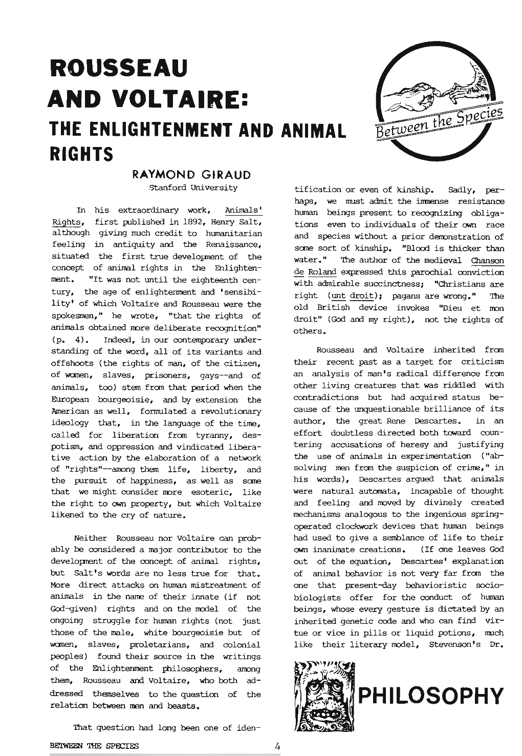 Rousseau and Voltaire: the Enlightenment and Animal Rights