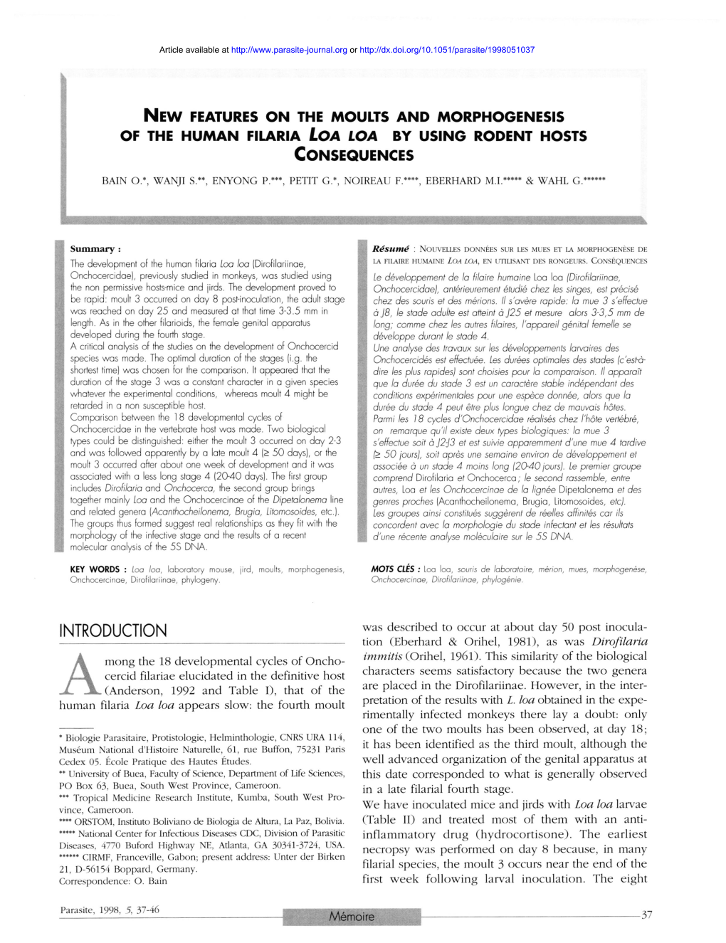 New Features on the Moults and Morphogenesis of the Human Filaria Loa Loa by Using Rodent Hosts Consequences