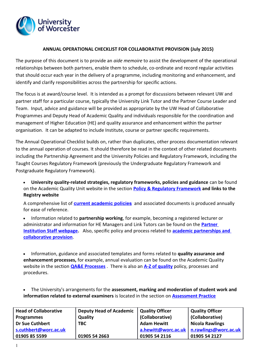 ANNUAL OPERATIONAL CHECKLIST for COLLABORATIVE PROVISION (July 2015)