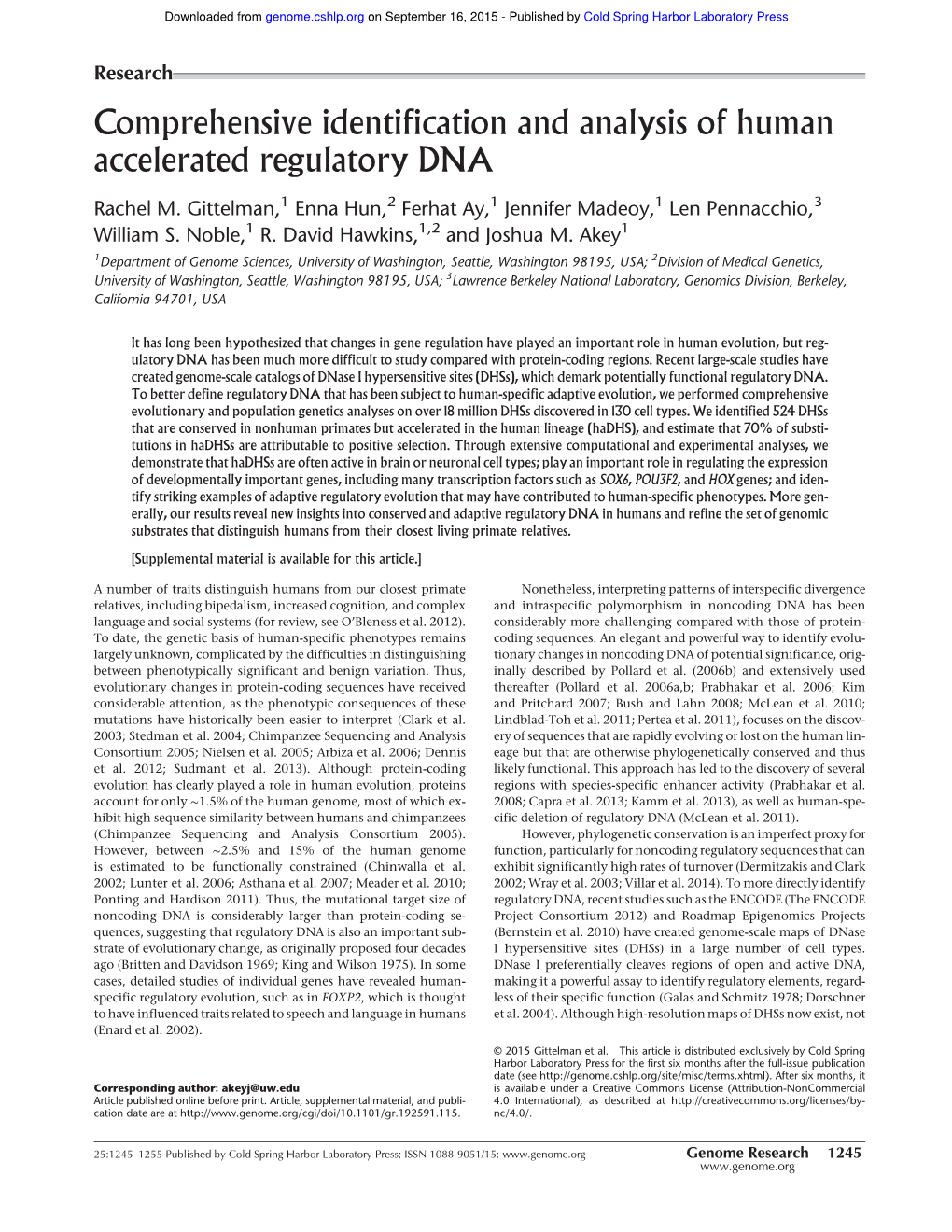 Comprehensive Identification and Analysis of Human Accelerated Regulatory DNA