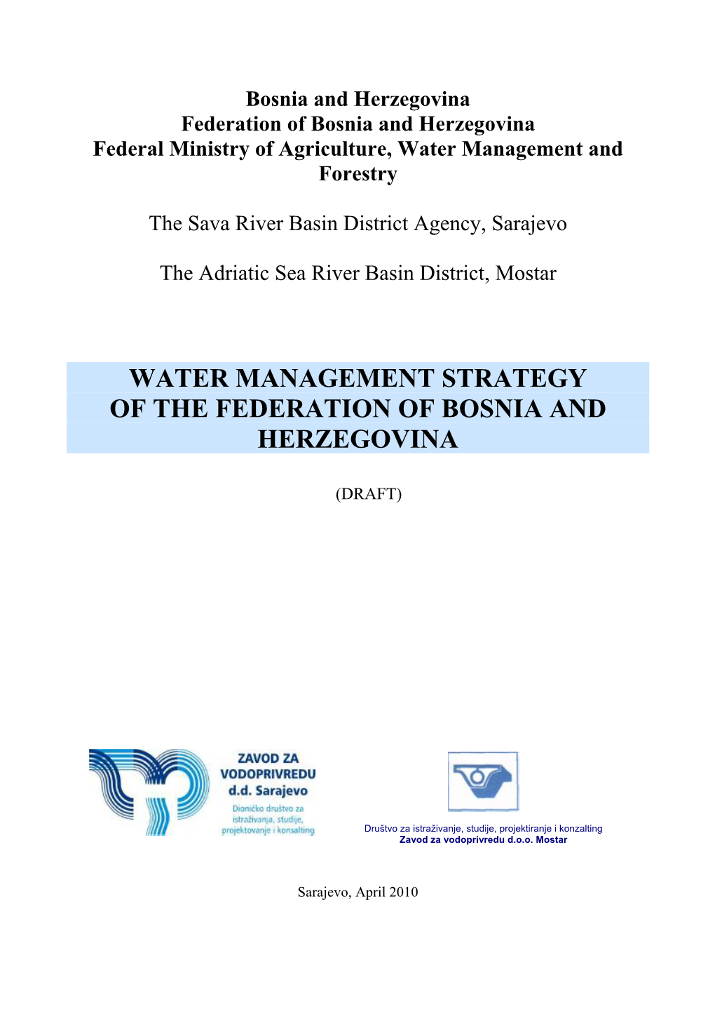 Strategija Upravljanja Vodama F Bih I Dio Nacrt