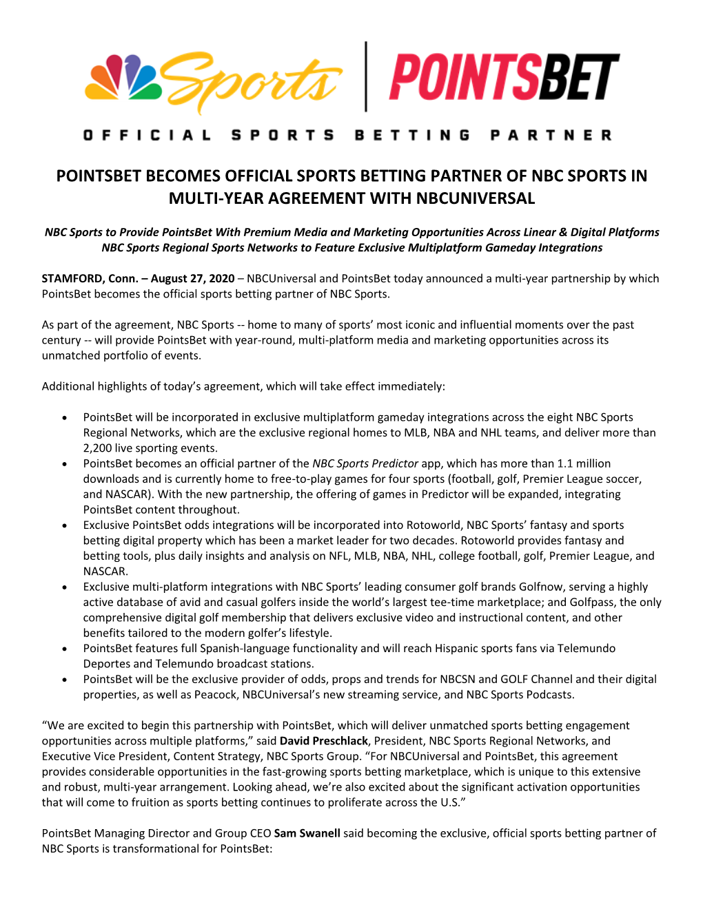 Pointsbet Becomes Official Sports Betting Partner of Nbc Sports in Multi-Year Agreement with Nbcuniversal