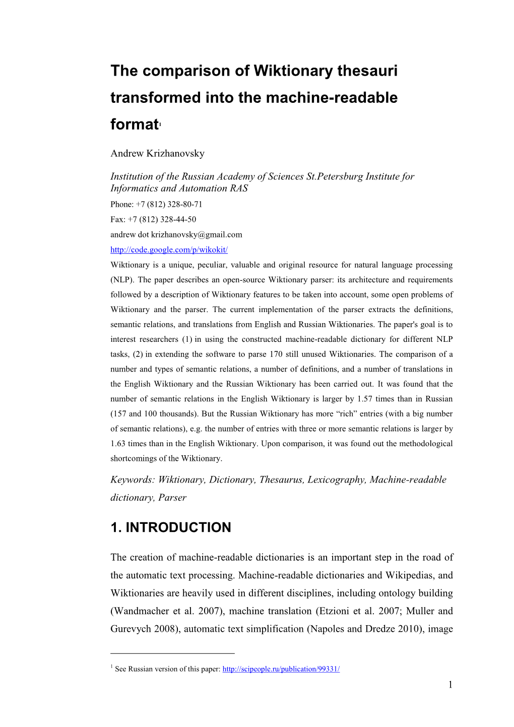 The Comparison of Wiktionary Thesauri Transformed Into the Machine-Readable Format1