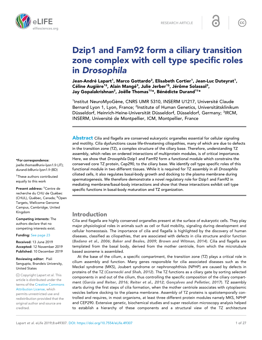 Dzip1 and Fam92 Form a Ciliary Transition Zone Complex with Cell