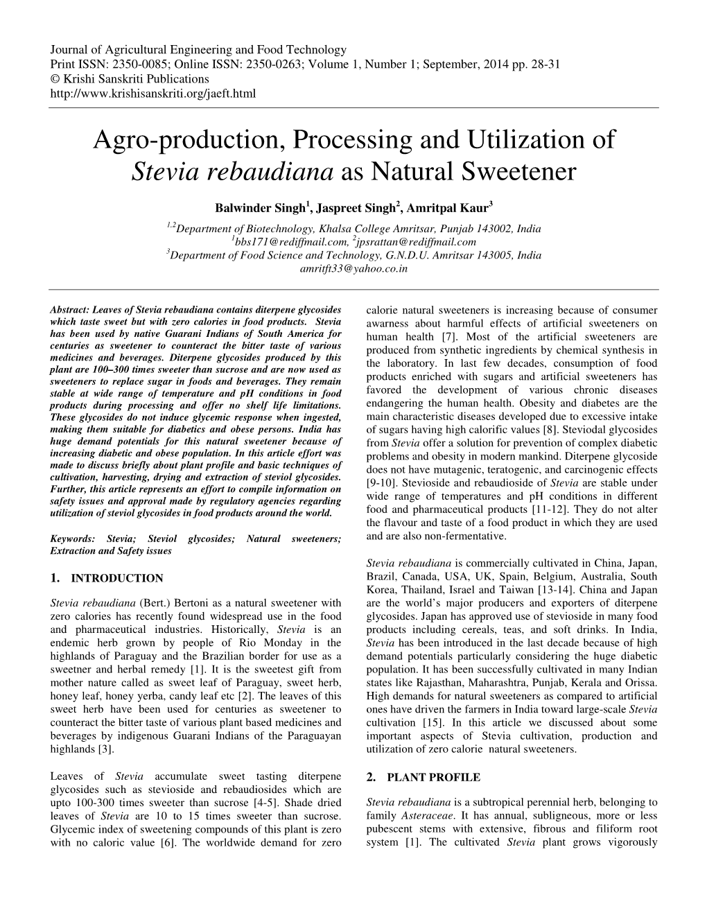 Agro-Production, Processing and Utilization of Stevia Rebaudiana As Natural Sweetener