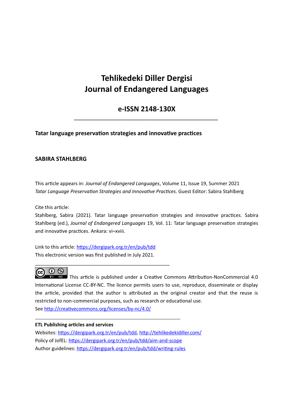 Tehlikedeki Diller Dergisi Journal of Endangered Languages 2021 Vol