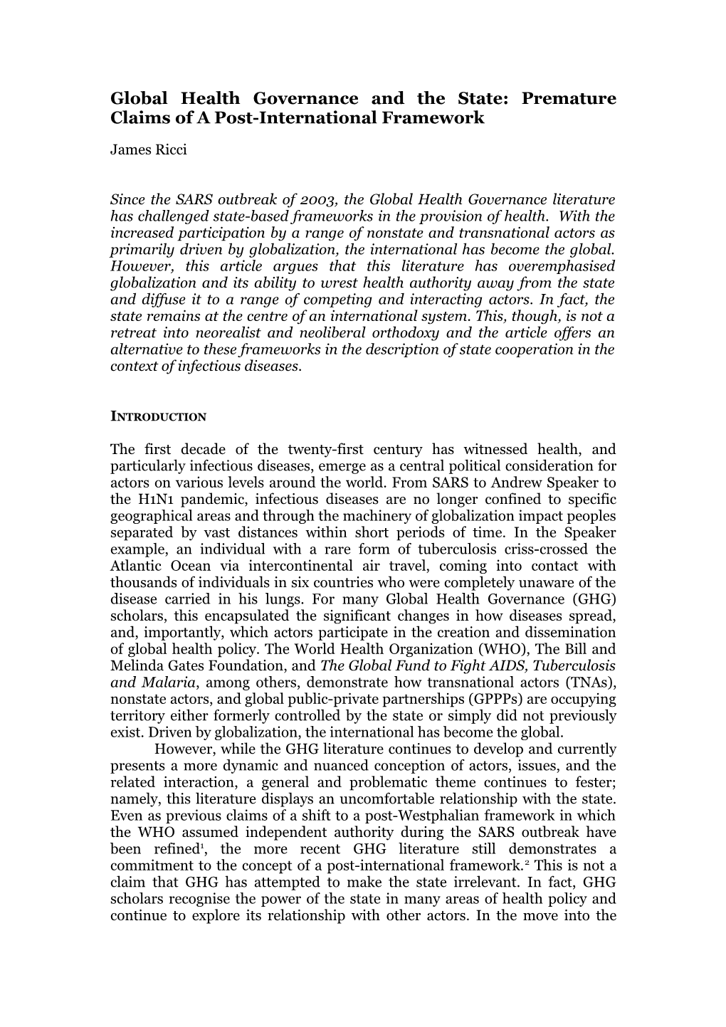 Global Health Governance: Actors And Framework