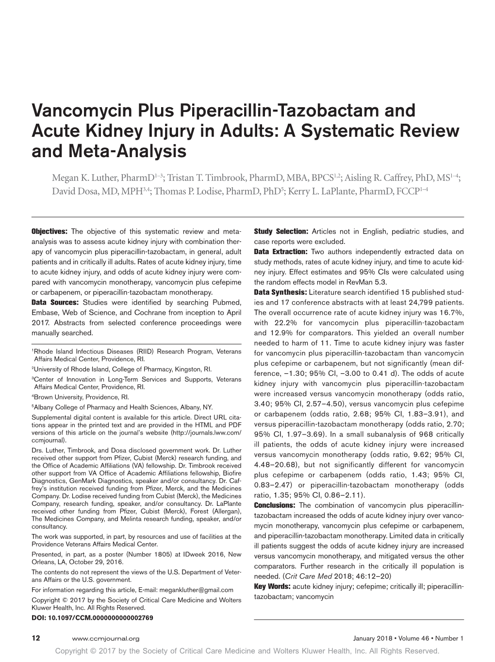 Vancomycin Plus Piperacillin-Tazobactam and Acute Kidney Injury in Adults: a Systematic Review and Meta-Analysis