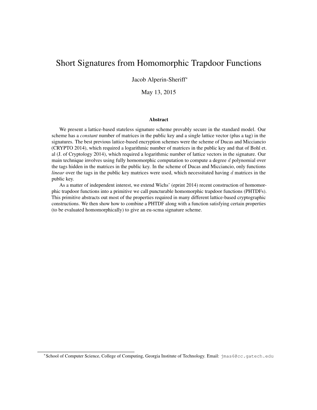 Short Signatures from Homomorphic Trapdoor Functions