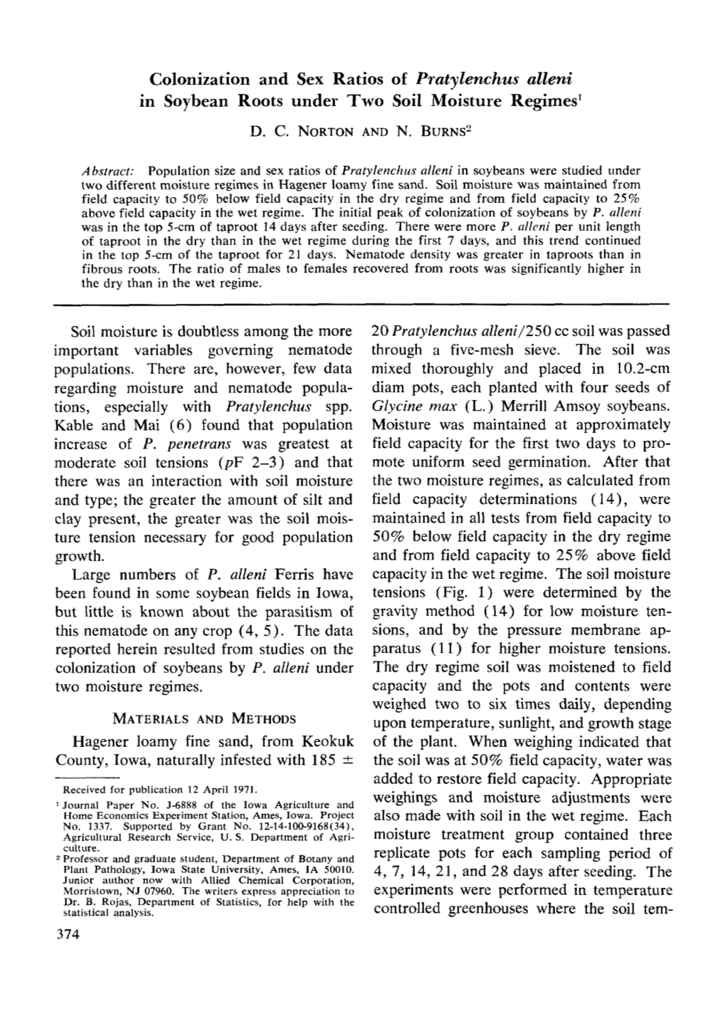 Colonization and Sex Ratios of Pratylenchus Alleni in Soybean Roots Under Two Soil Moisture Regimes T