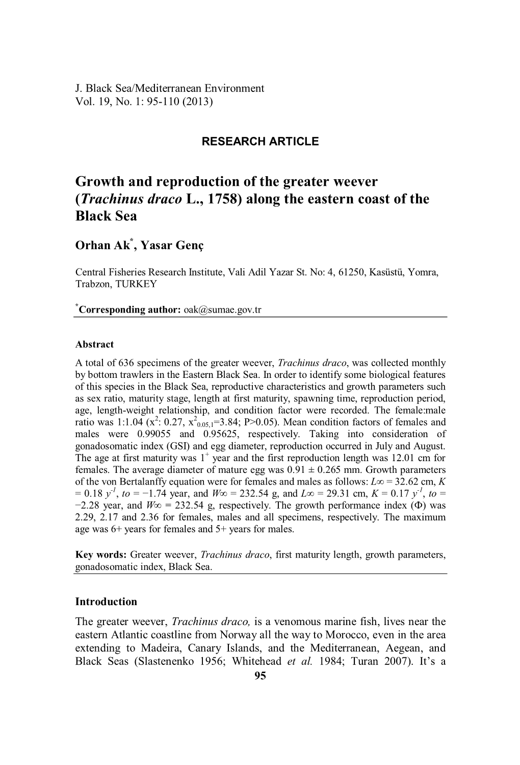 Growth and Reproduction of the Greater Weever (Trachinus Draco L., 1758) Along the Eastern Coast of the Black Sea