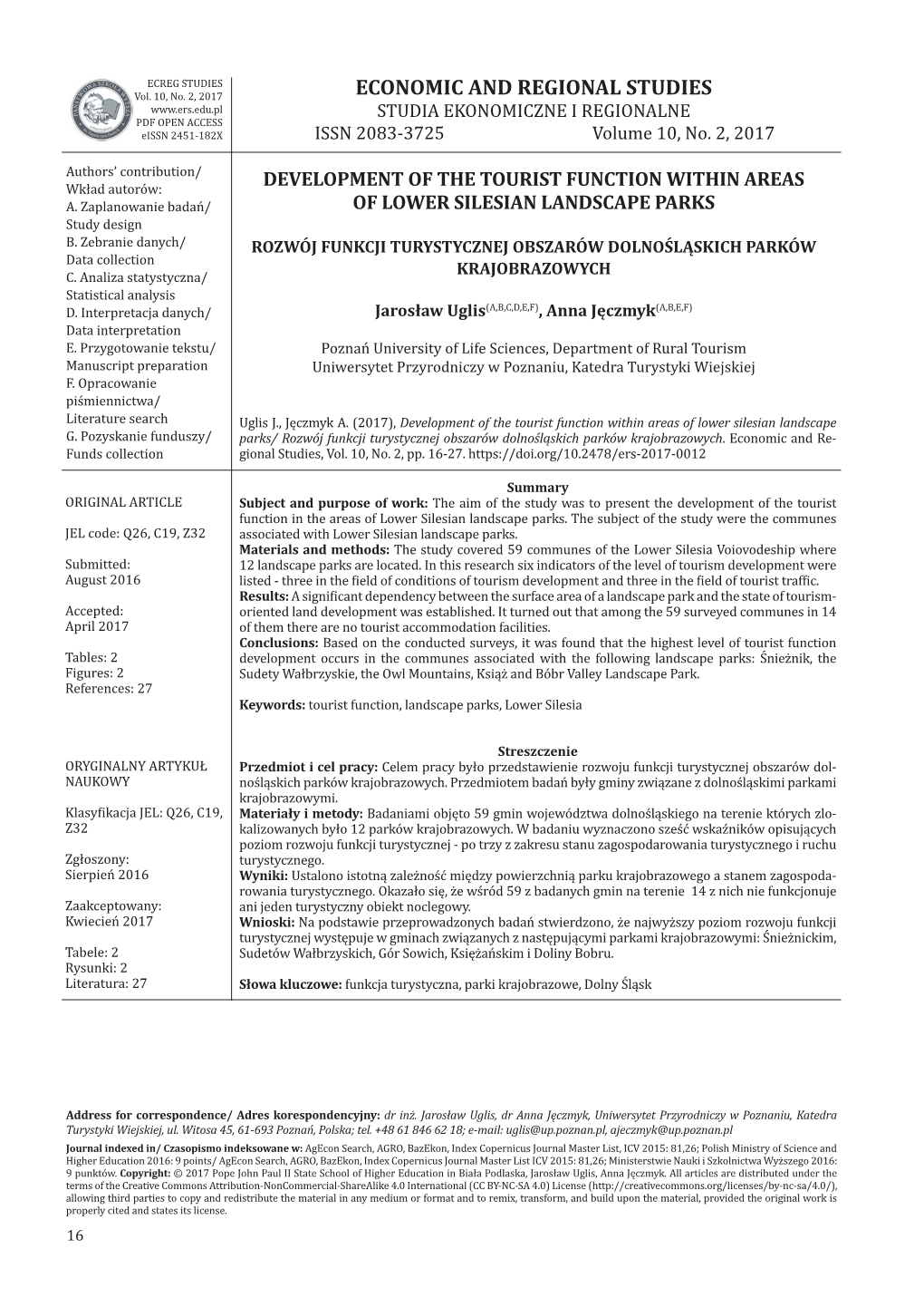 ECONOMIC and REGIONAL STUDIES STUDIA EKONOMICZNE I REGIONALNE PDF OPEN ACCESS Eissn 2451-182X ISSN 2083-3725 Volume 10, No