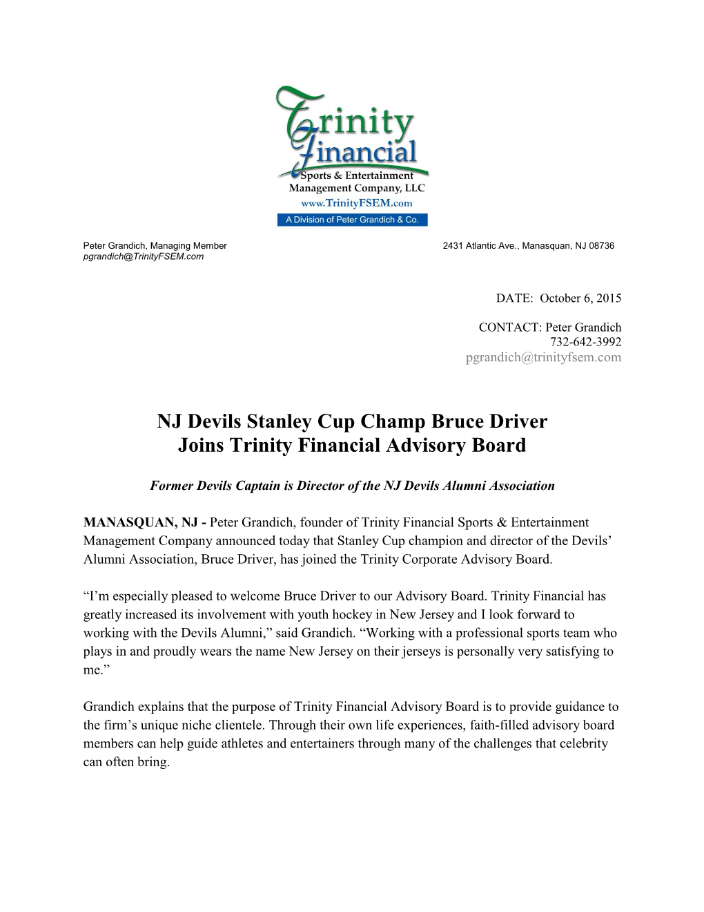 NJ Devils Stanley Cup Champ Bruce Driver Joins Trinity Financial Advisory Board