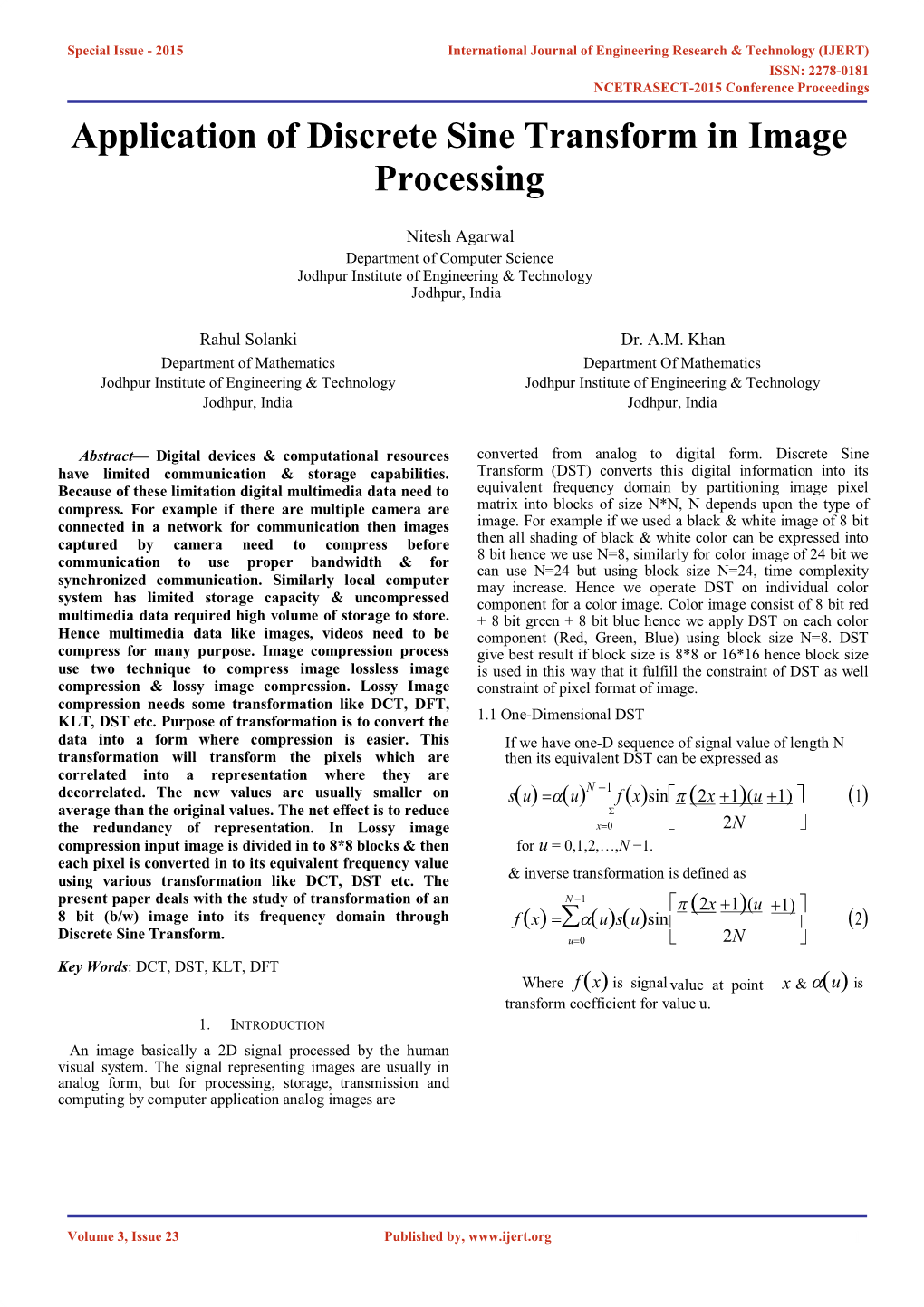 Application of Discrete Sine Transform in Image Processing